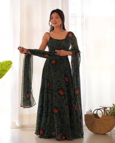 Designer Pure Soft Lightweight Chiffon Bandhej Fully Flared Gown, Dupatta, and Pant Set - Ready to Wear, Fully Stitched.