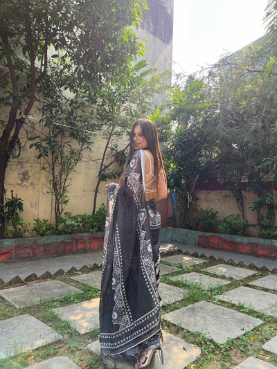 Black and White Pure Cotton Linen Saree with Intricate Floral Design and Tassels on Edges