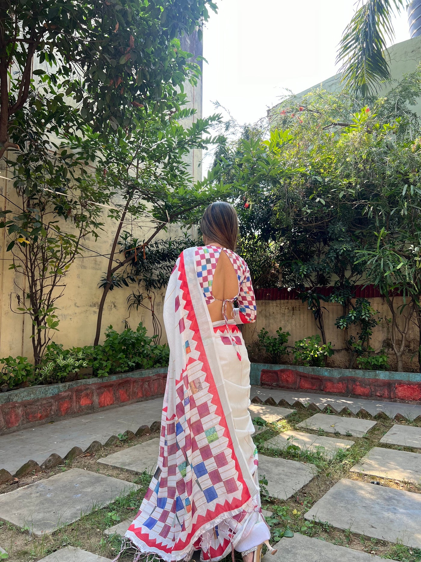 White Pure Cotton Linen Saree with Multicolor Checkered Design, Blouse, and Tassel Detailing