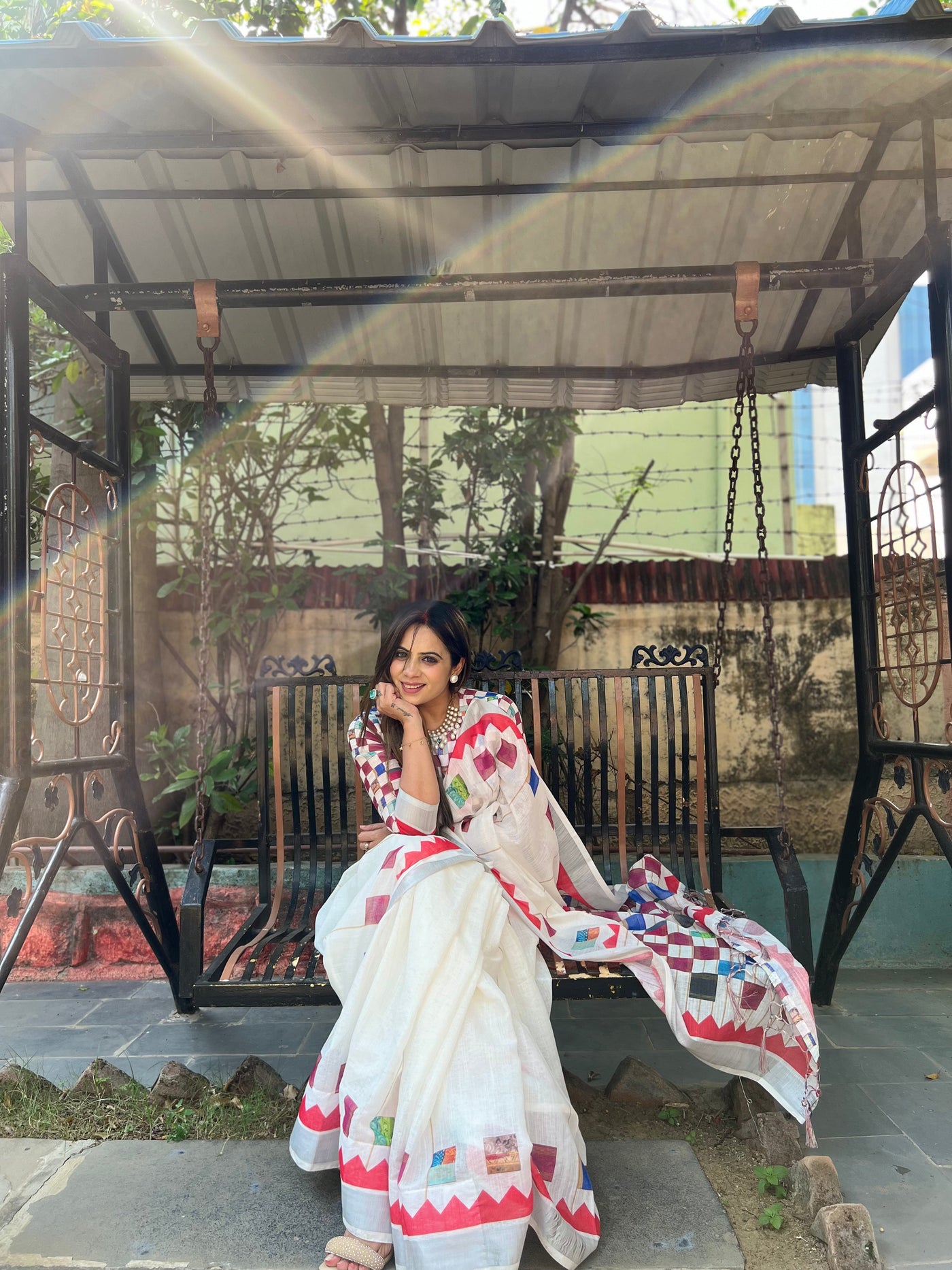 White Pure Cotton Linen Saree with Multicolor Checkered Design, Blouse, and Tassel Detailing