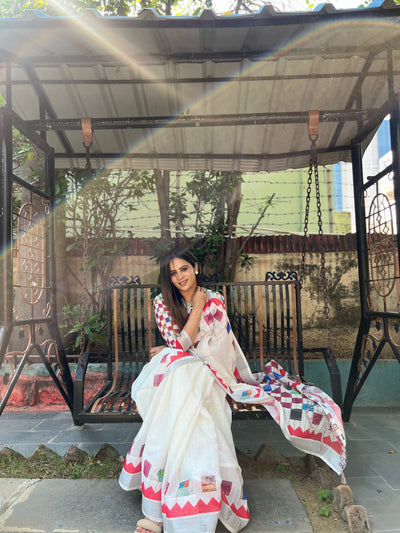 White Pure Cotton Linen Saree with Multicolor Checkered Design, Blouse, and Tassel Detailing