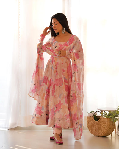 Pure Fox Georgette Multi Floral Print, Fully Flared with Dupatta Set and Pants – Ready to Wear