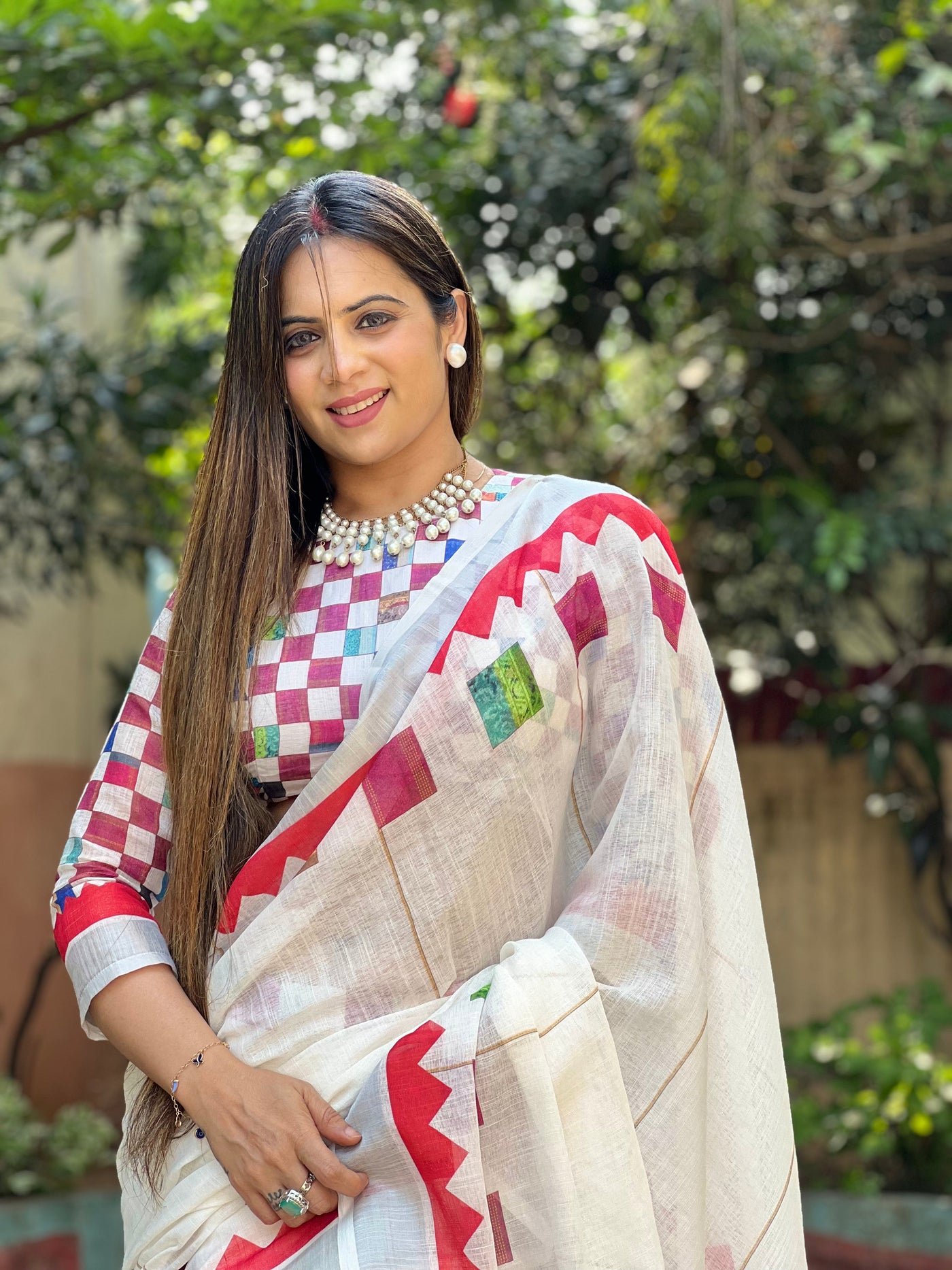 White Pure Cotton Linen Saree with Multicolor Checkered Design, Blouse, and Tassel Detailing