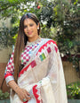 White Pure Cotton Linen Saree with Multicolor Checkered Design, Blouse, and Tassel Detailing