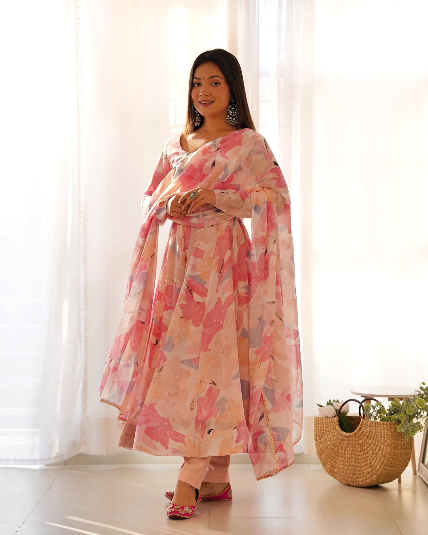 Pure Fox Georgette Multi Floral Print, Fully Flared with Dupatta Set and Pants – Ready to Wear