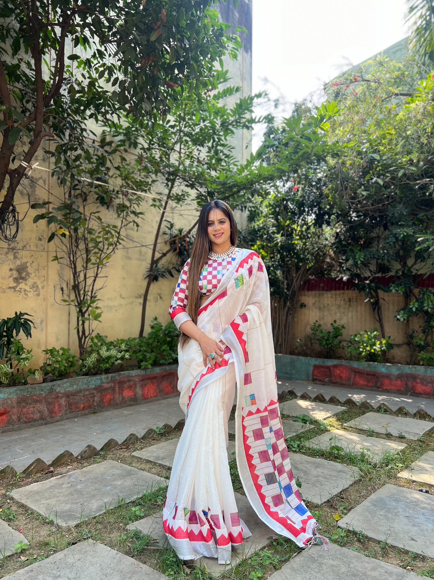 White Pure Cotton Linen Saree with Multicolor Checkered Design, Blouse, and Tassel Detailing