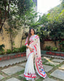 White Pure Cotton Linen Saree with Multicolor Checkered Design, Blouse, and Tassel Detailing