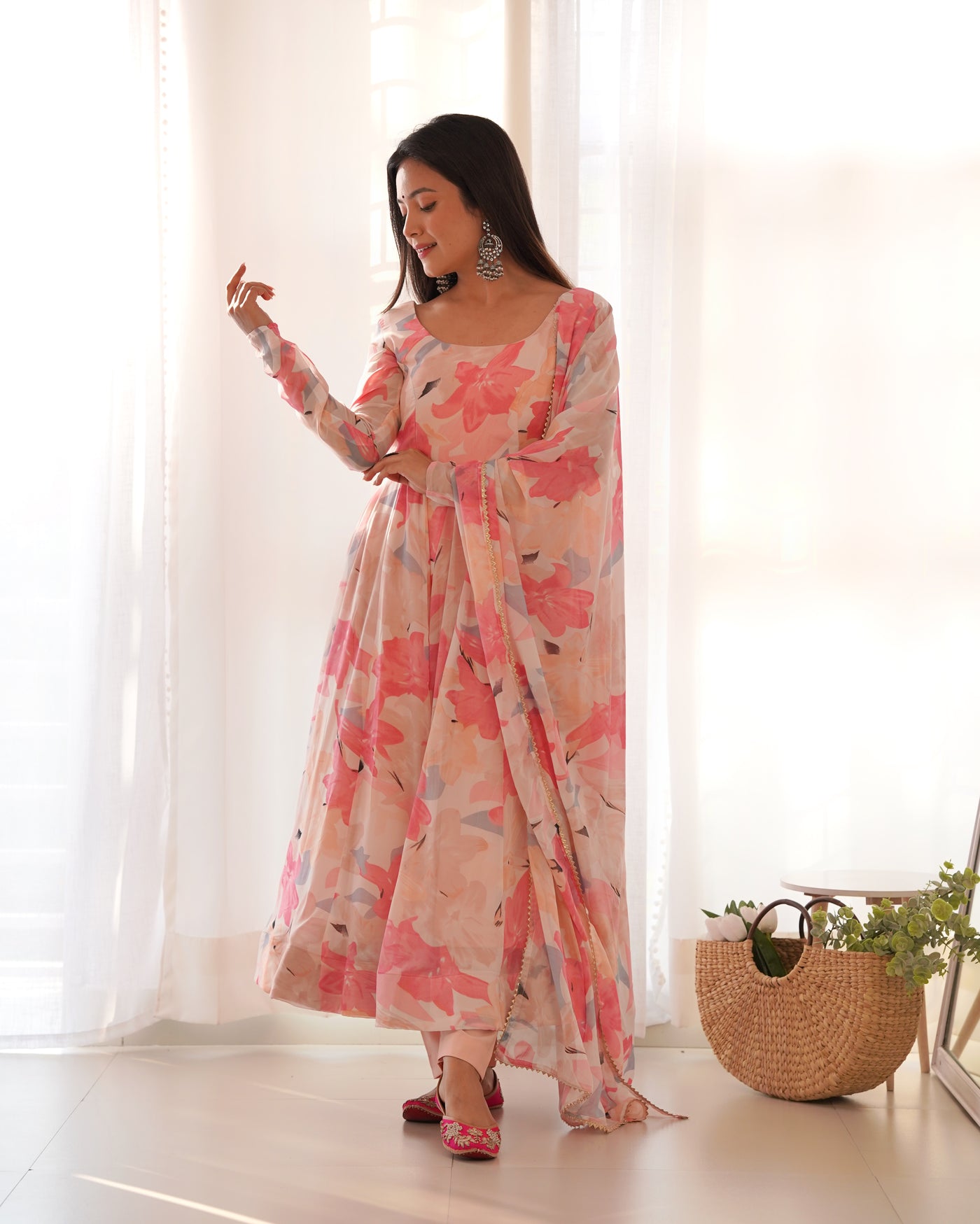 Pure Fox Georgette Multi Floral Print, Fully Flared with Dupatta Set and Pants – Ready to Wear - Almaari Fashion