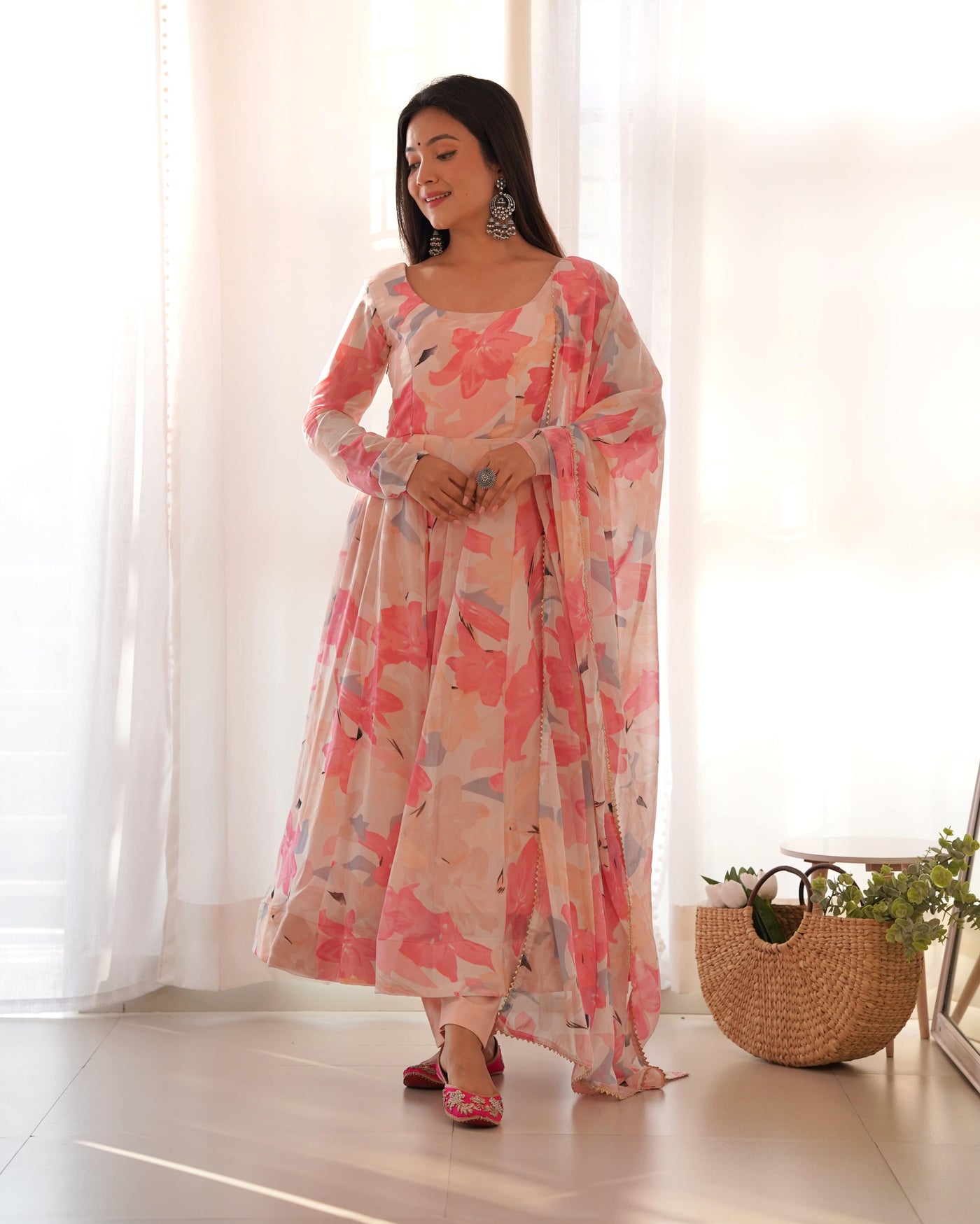 Pure Fox Georgette Multi Floral Print, Fully Flared with Dupatta Set and Pants – Ready to Wear