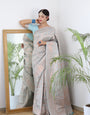 Sky Blue Shades beautiful Flower Pure Satin Silk Saree With Designer Blouse