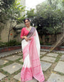 Elegant White and Pink Pure Linen Digital Printed Saree with Black Border, Tassels, and Blouse Piece – Intricate Floral and Geometric Design