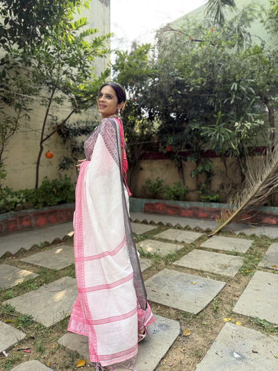 Elegant White and Pink Pure Linen Digital Printed Saree with Black Border, Tassels, and Blouse Piece – Intricate Floral and Geometric Design