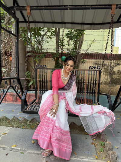 Elegant White and Pink Pure Linen Digital Printed Saree with Black Border, Tassels, and Blouse Piece – Intricate Floral and Geometric Design