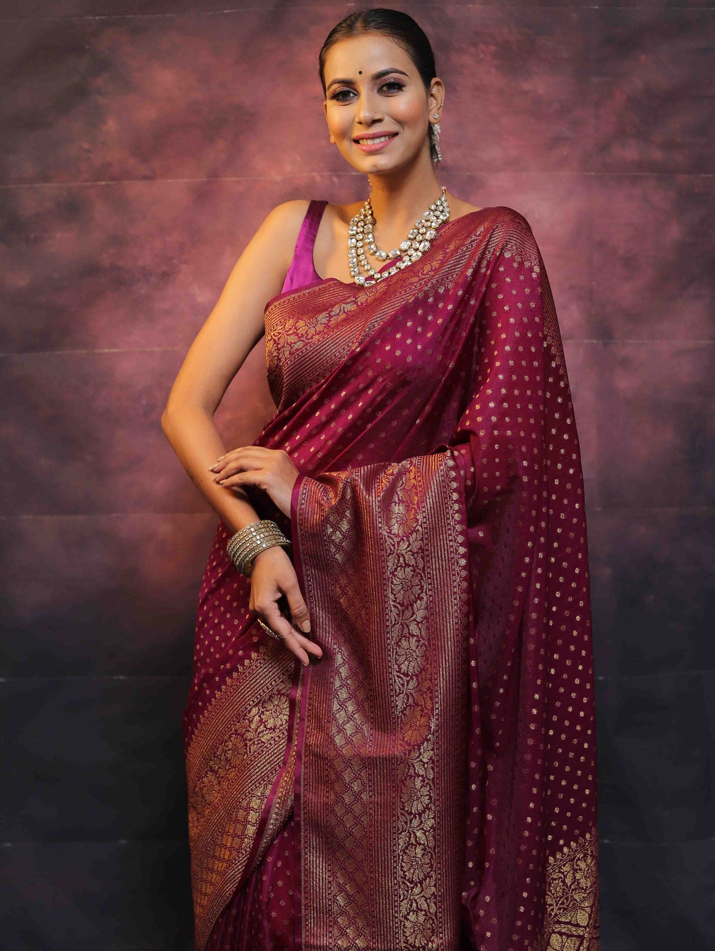 Wine Pure Kanjivaram Silk Weaved With Copper Zari Comes With Heavy Kanjivaram Brocade Blouse