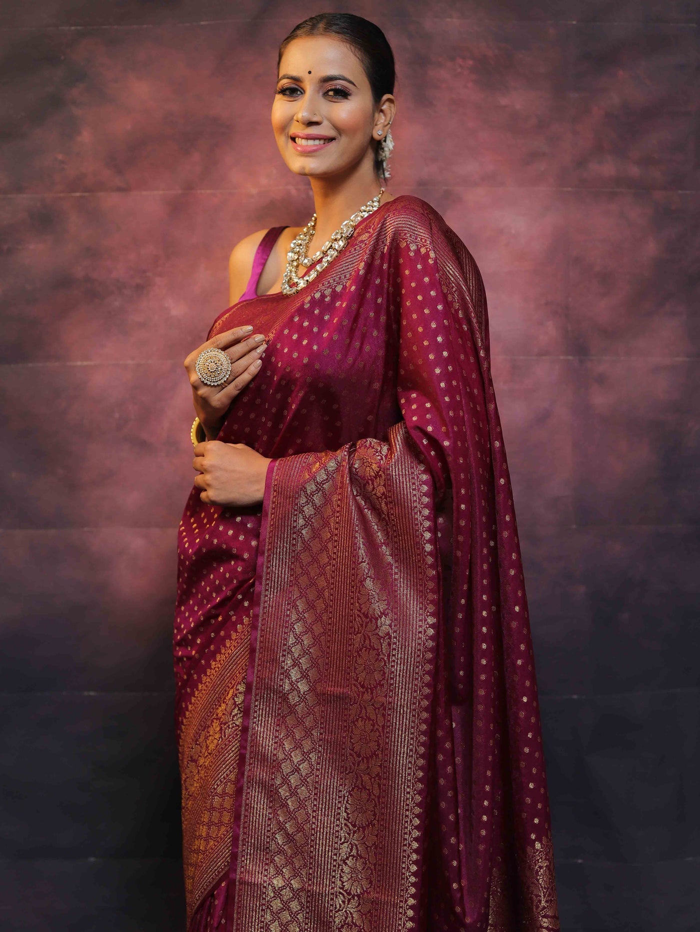 Wine Pure Kanjivaram Silk Weaved With Copper Zari Comes With Heavy Kanjivaram Brocade Blouse