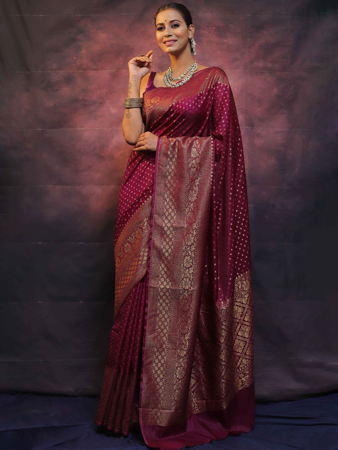 Wine Pure Kanjivaram Silk Weaved With Copper Zari Comes With Heavy Kanjivaram Brocade Blouse