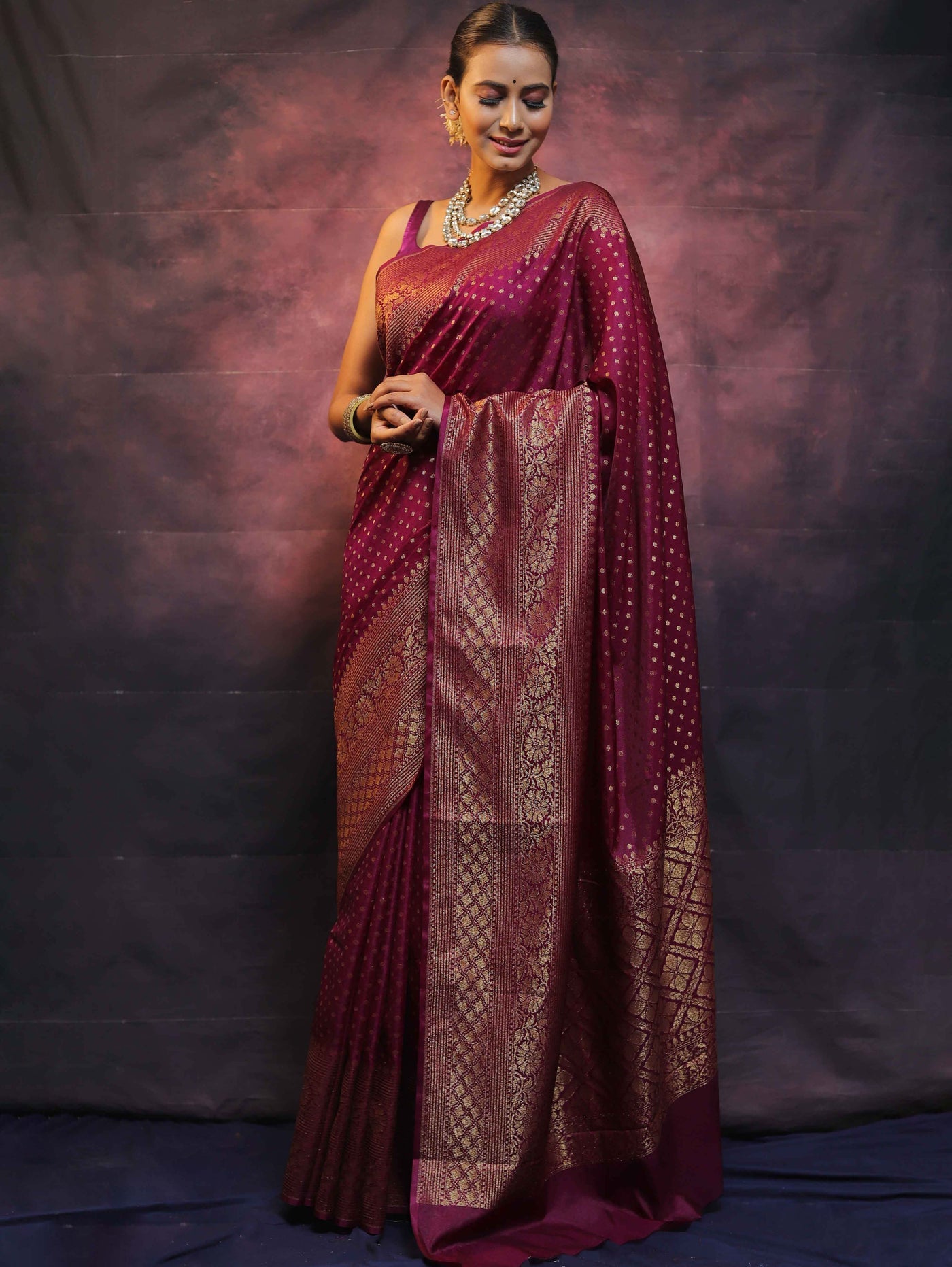 Wine Pure Kanjivaram Silk Weaved With Copper Zari Comes With Heavy Kanjivaram Brocade Blouse