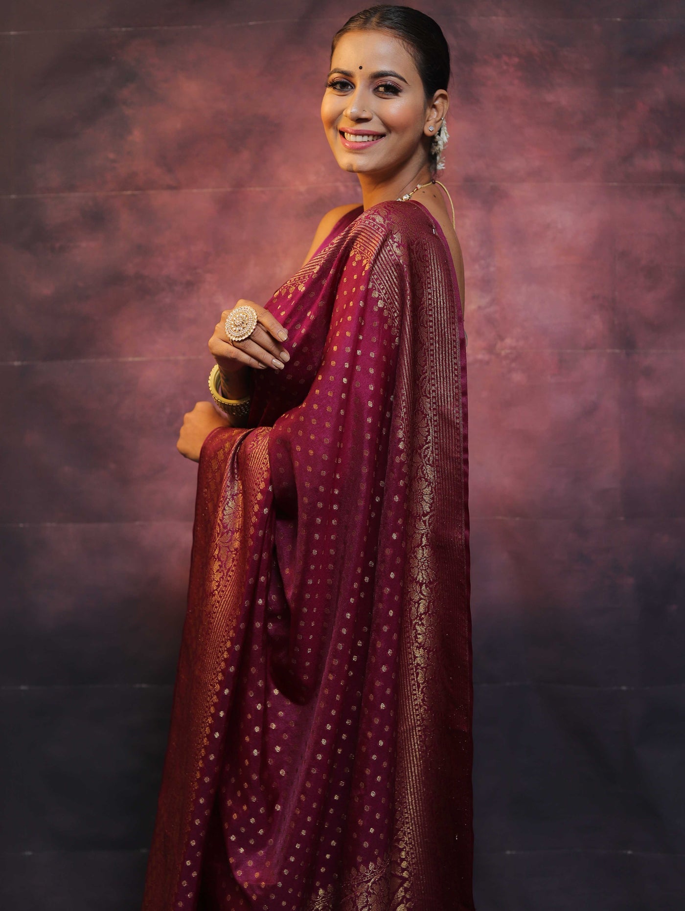 Wine Pure Kanjivaram Silk Weaved With Copper Zari Comes With Heavy Kanjivaram Brocade Blouse