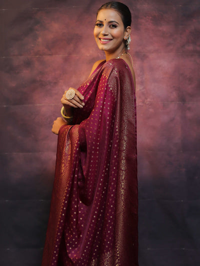 Wine Pure Kanjivaram Silk Weaved With Copper Zari Comes With Heavy Kanjivaram Brocade Blouse