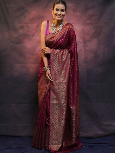 Wine Pure Kanjivaram Silk Weaved With Copper Zari Comes With Heavy Kanjivaram Brocade Blouse