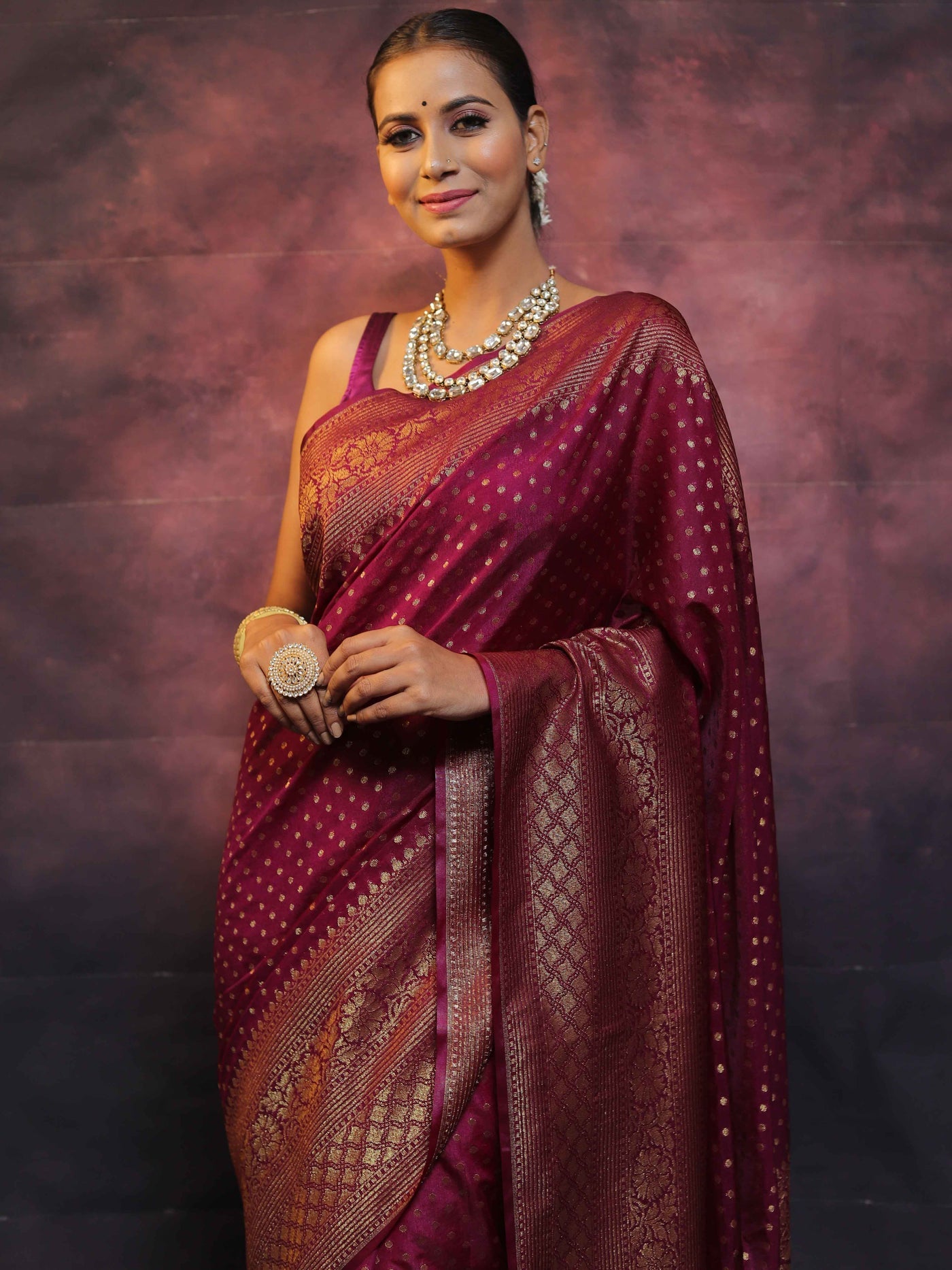 Wine Pure Kanjivaram Silk Weaved With Copper Zari Comes With Heavy Kanjivaram Brocade Blouse