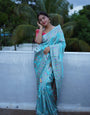 Turquoise Pure Banarasi Silk Saree With Twirling Blouse Piece