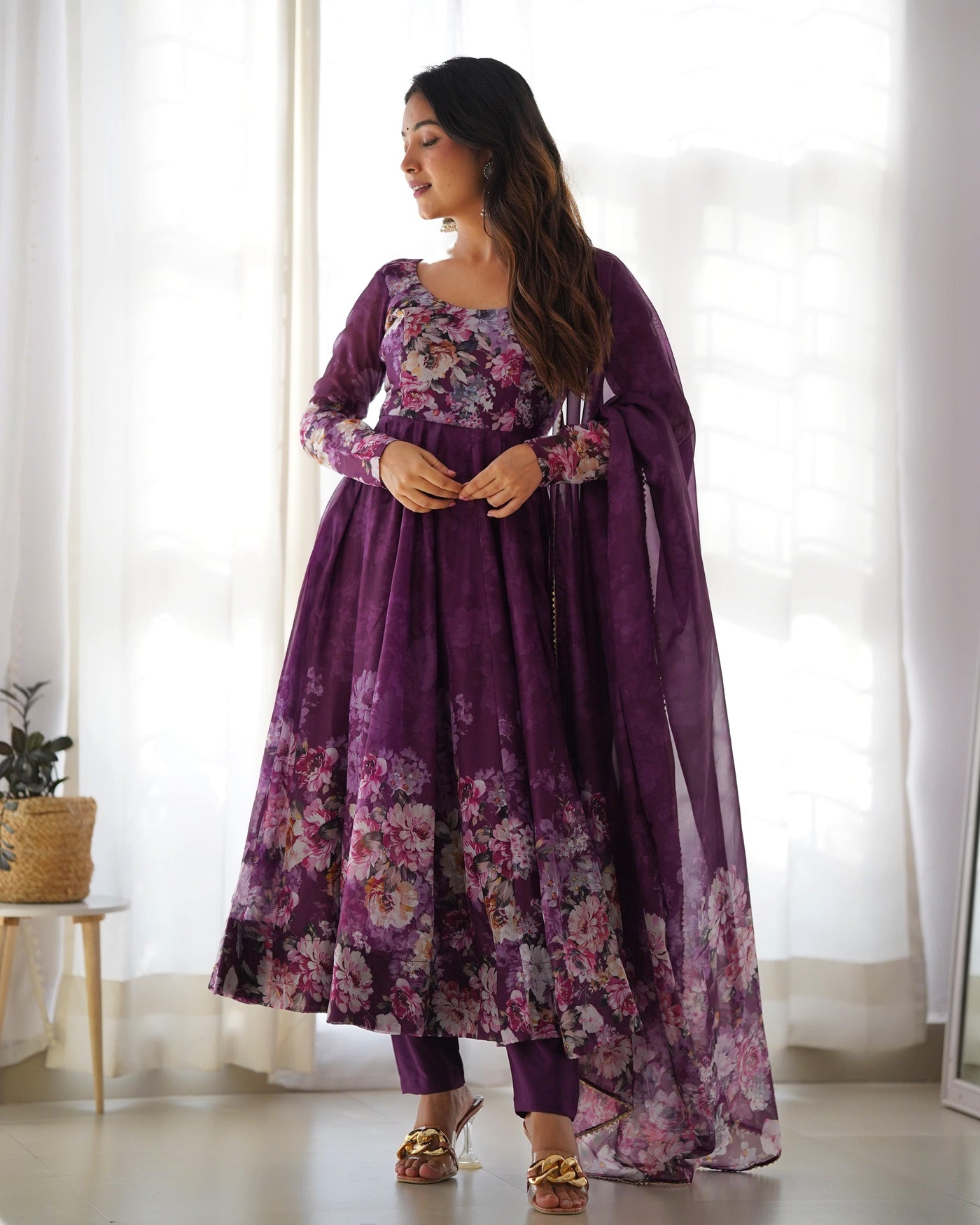 Colorful Lightweight Organza Silk Anarkali Set with Dupatta & Pants – Perfect for Festivities!