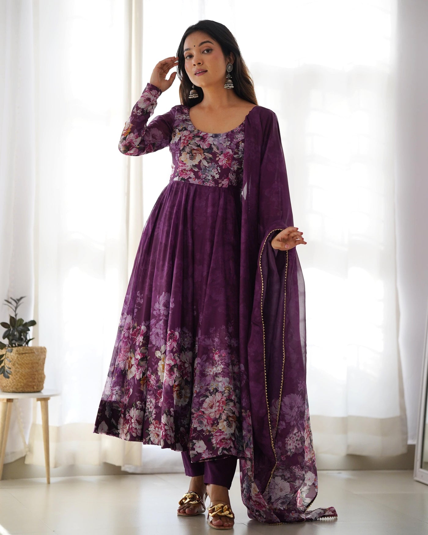 Colorful Lightweight Organza Silk Anarkali Set with Dupatta & Pants – Perfect for Festivities!