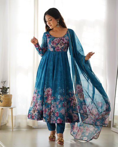 Colorful Lightweight Organza Silk Anarkali Set with Dupatta & Pants – Perfect for Festivities!