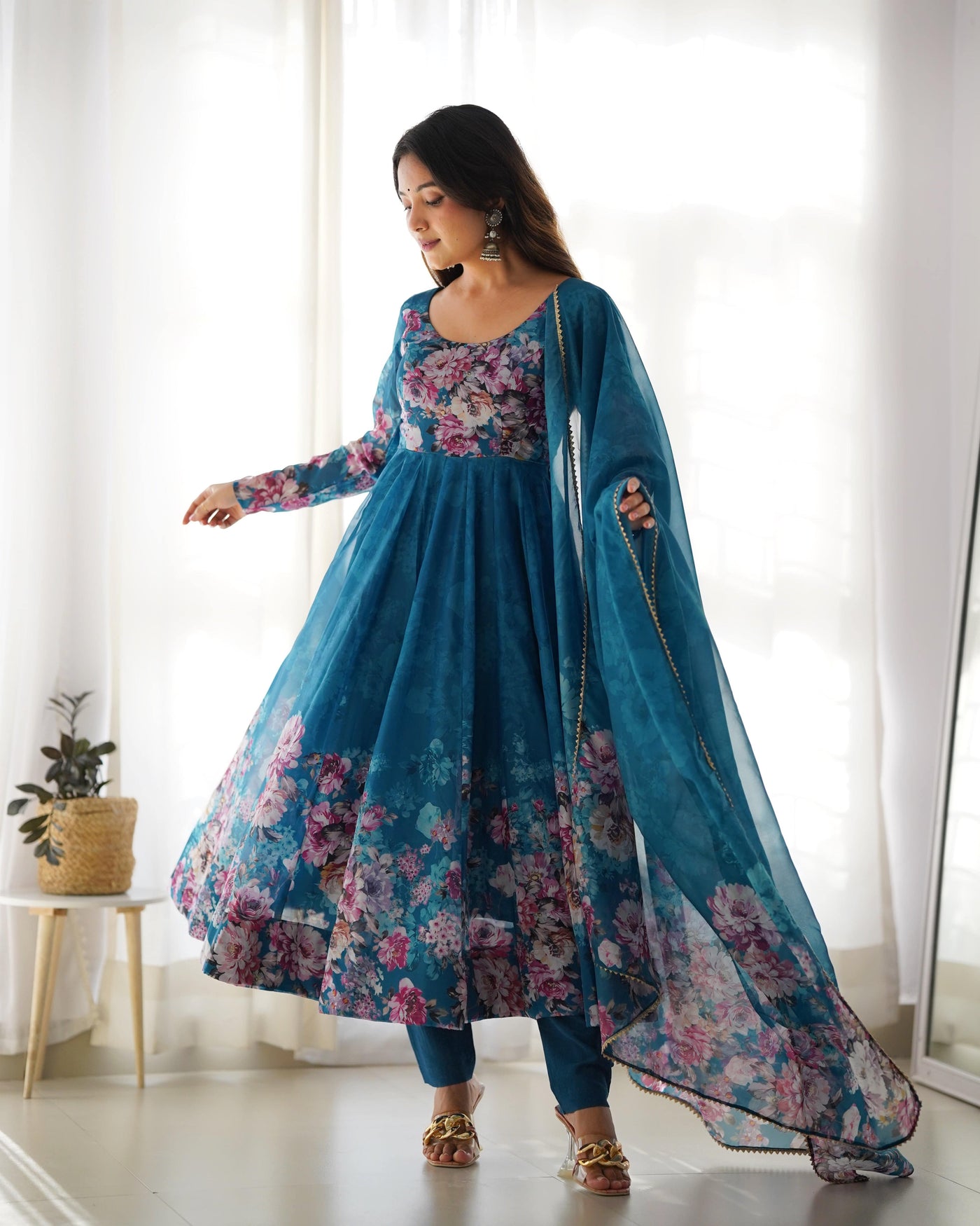 Colorful Lightweight Organza Silk Anarkali Set with Dupatta & Pants – Perfect for Festivities!