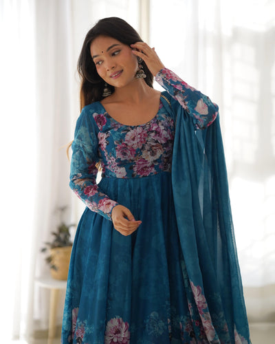 Colorful Lightweight Organza Silk Anarkali Set with Dupatta & Pants – Perfect for Festivities!