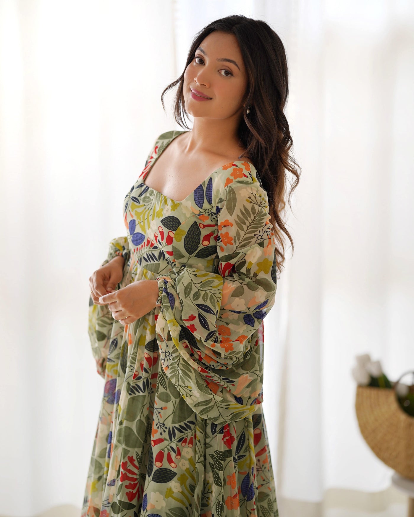 Vibrant Floral Maxi Dress: Pure Soft Fox Georgette, Fully Flared with Balloon Sleeves – Perfect for Summer Festivities and Weddings!