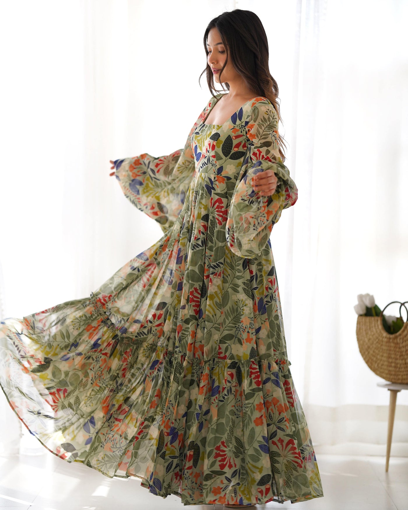 Vibrant Floral Maxi Dress: Pure Soft Fox Georgette, Fully Flared with Balloon Sleeves – Perfect for Summer Festivities and Weddings!