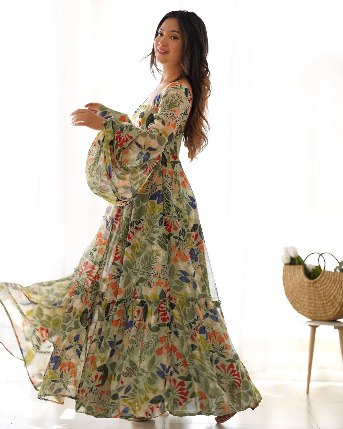 Vibrant Floral Maxi Dress: Pure Soft Fox Georgette, Fully Flared with Balloon Sleeves – Perfect for Summer Festivities and Weddings!