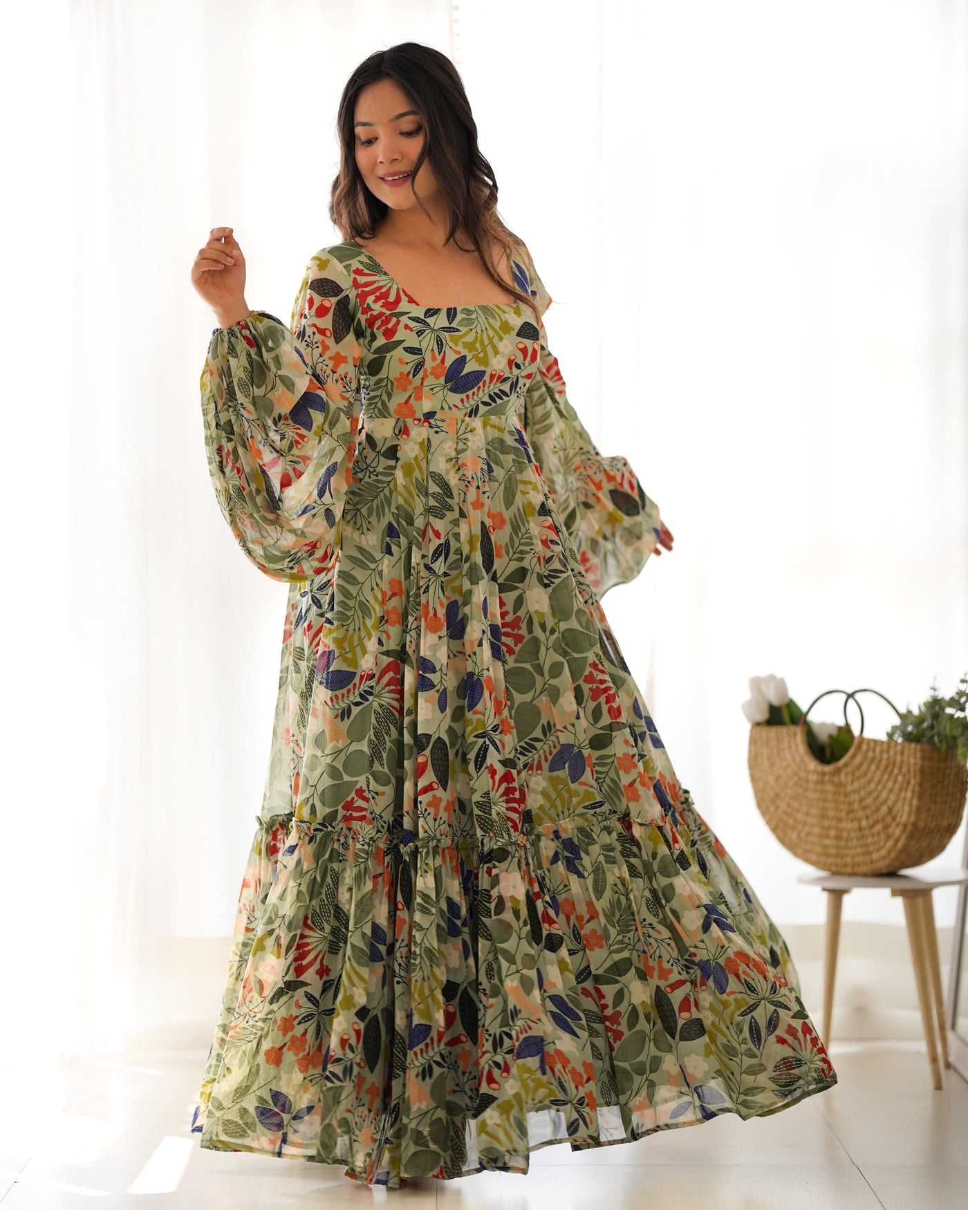 Vibrant Floral Maxi Dress: Pure Soft Fox Georgette, Fully Flared with Balloon Sleeves – Perfect for Summer Festivities and Weddings!