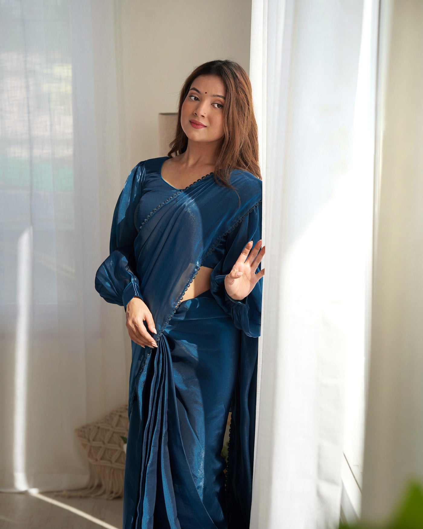 Ready to Wear Pre-draped Saree with Fully Stitched Blouse in Jimmy Choo Fabric