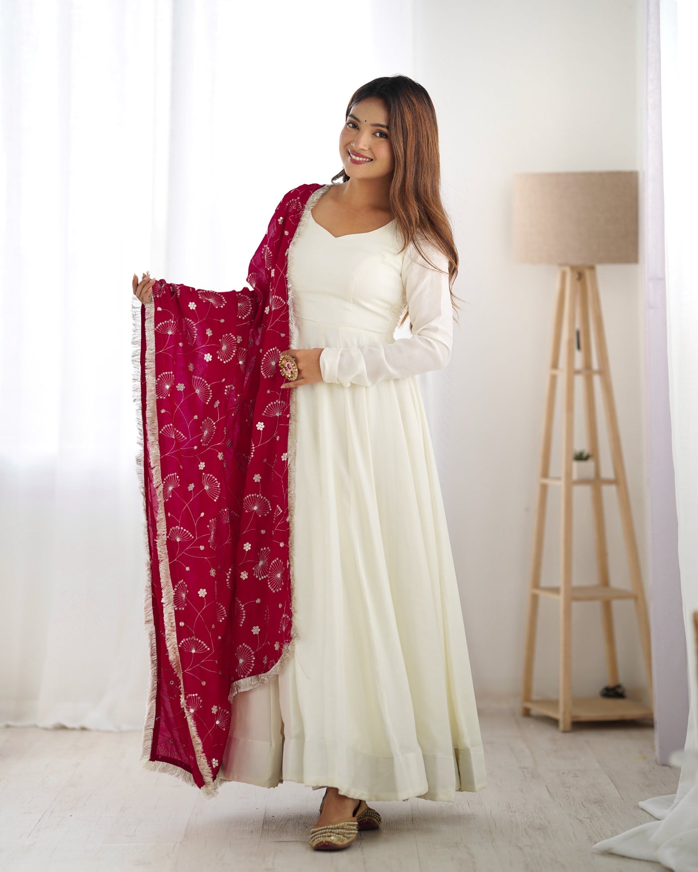 Elegant Off-White Vichitra Silk Anarkali Set with Deep Red Embroidered Dupatta