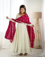 Elegant Off-White Vichitra Silk Anarkali Set with Deep Red Embroidered Dupatta