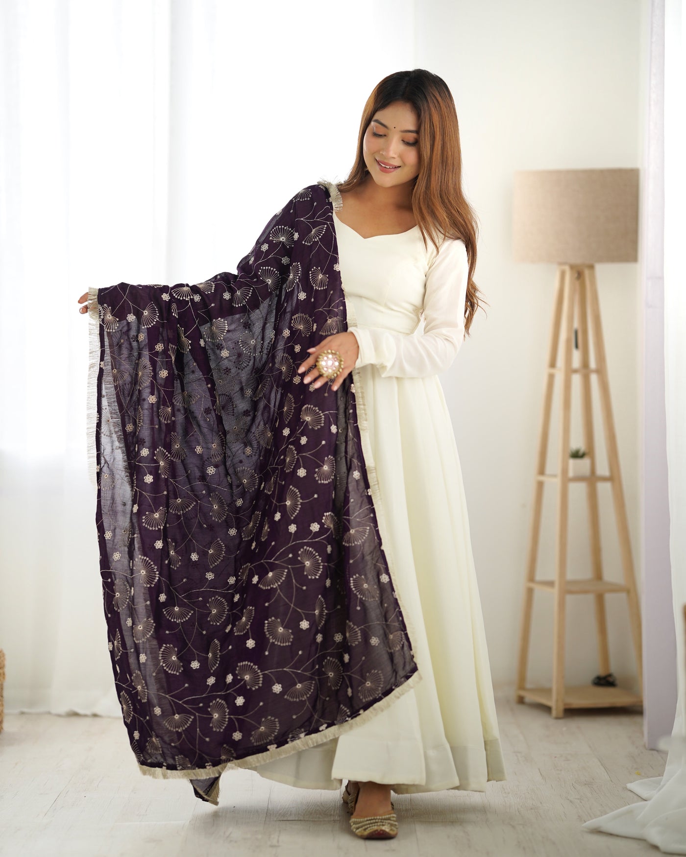 Regal Purple Vichitra Silk Anarkali with Embroidered Dupatta