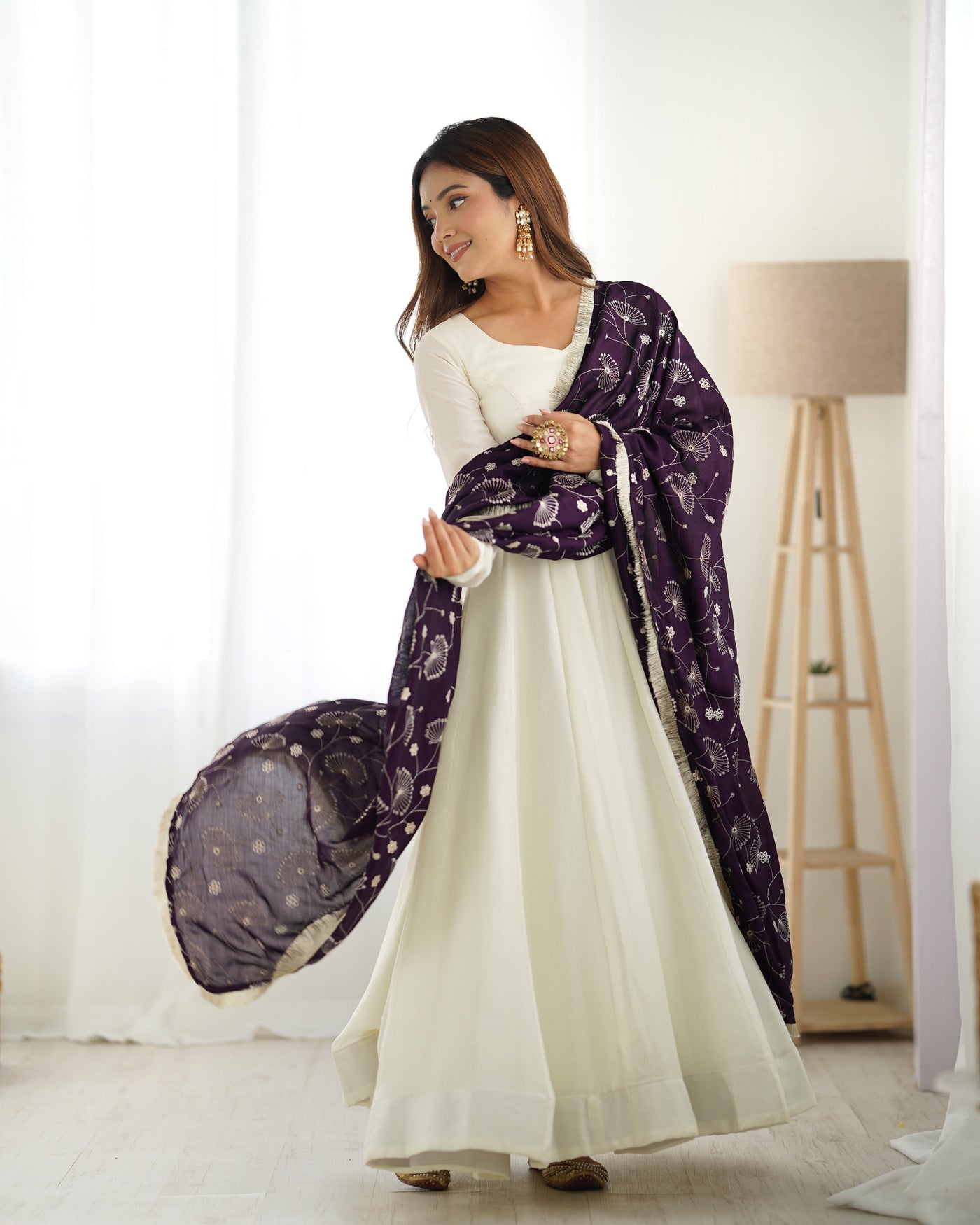 Regal Purple Vichitra Silk Anarkali with Embroidered Dupatta