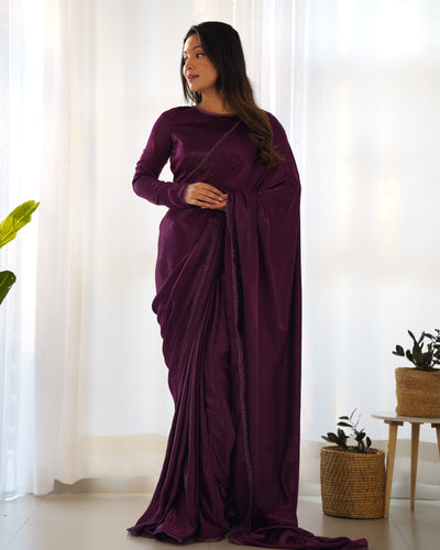 Elegant Ready-to-Wear Marble Velvet Saree with Stitched Blouse – Plum Perfection