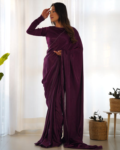 Elegant Ready-to-Wear Marble Velvet Saree with Stitched Blouse – Plum Perfection