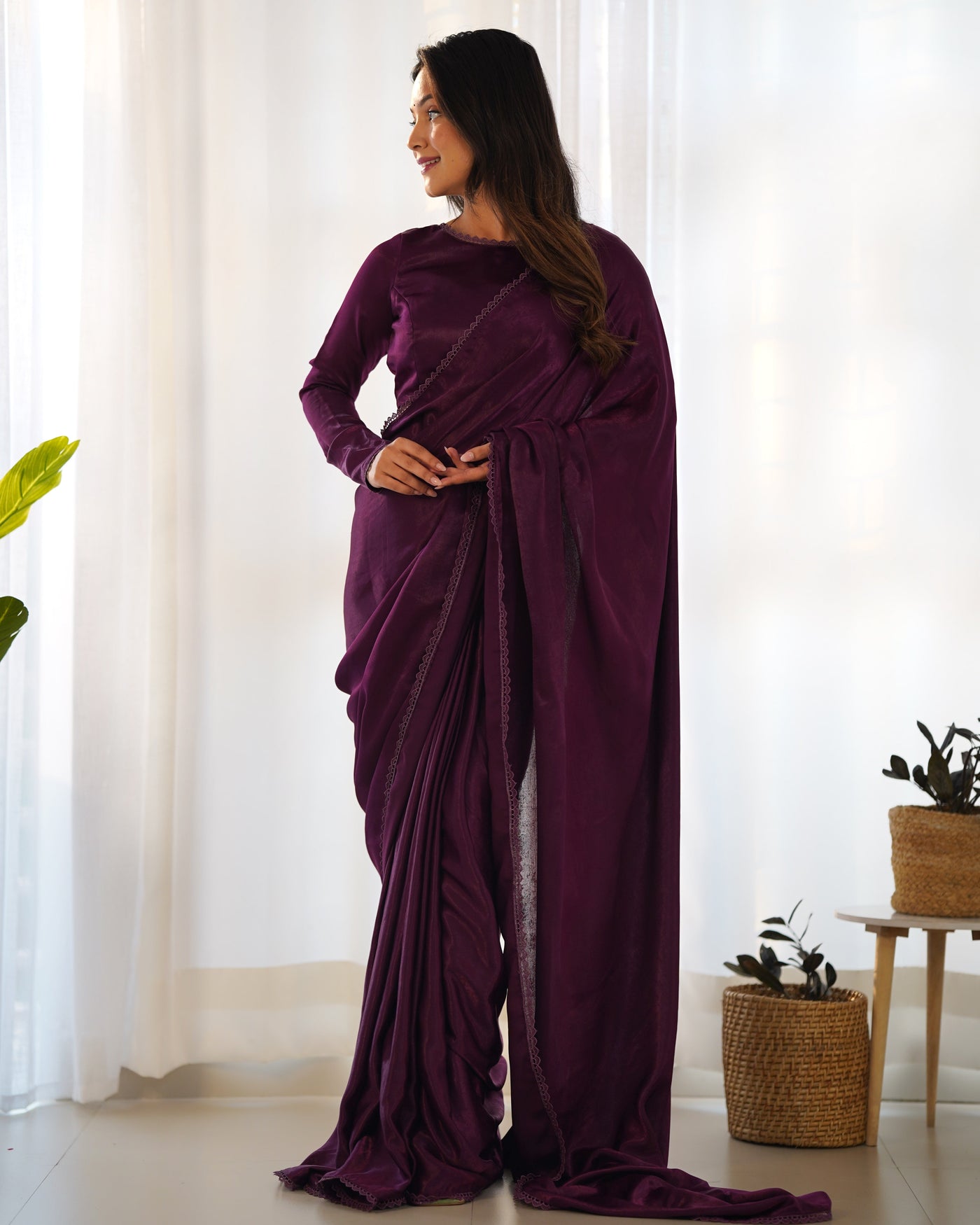 Elegant Ready-to-Wear Marble Velvet Saree with Stitched Blouse – Plum Perfection