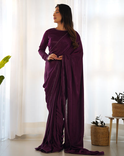 Elegant Ready-to-Wear Marble Velvet Saree with Stitched Blouse – Plum Perfection