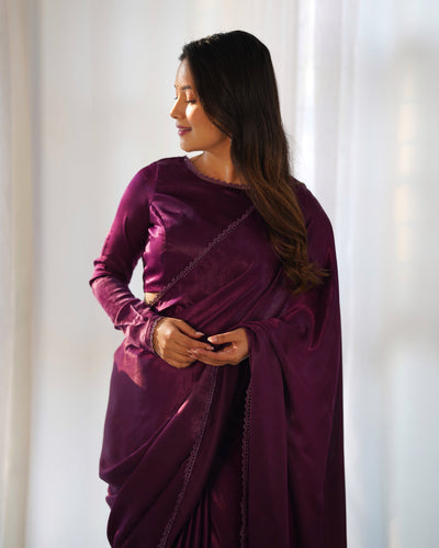 Elegant Ready-to-Wear Marble Velvet Saree with Stitched Blouse – Plum Perfection