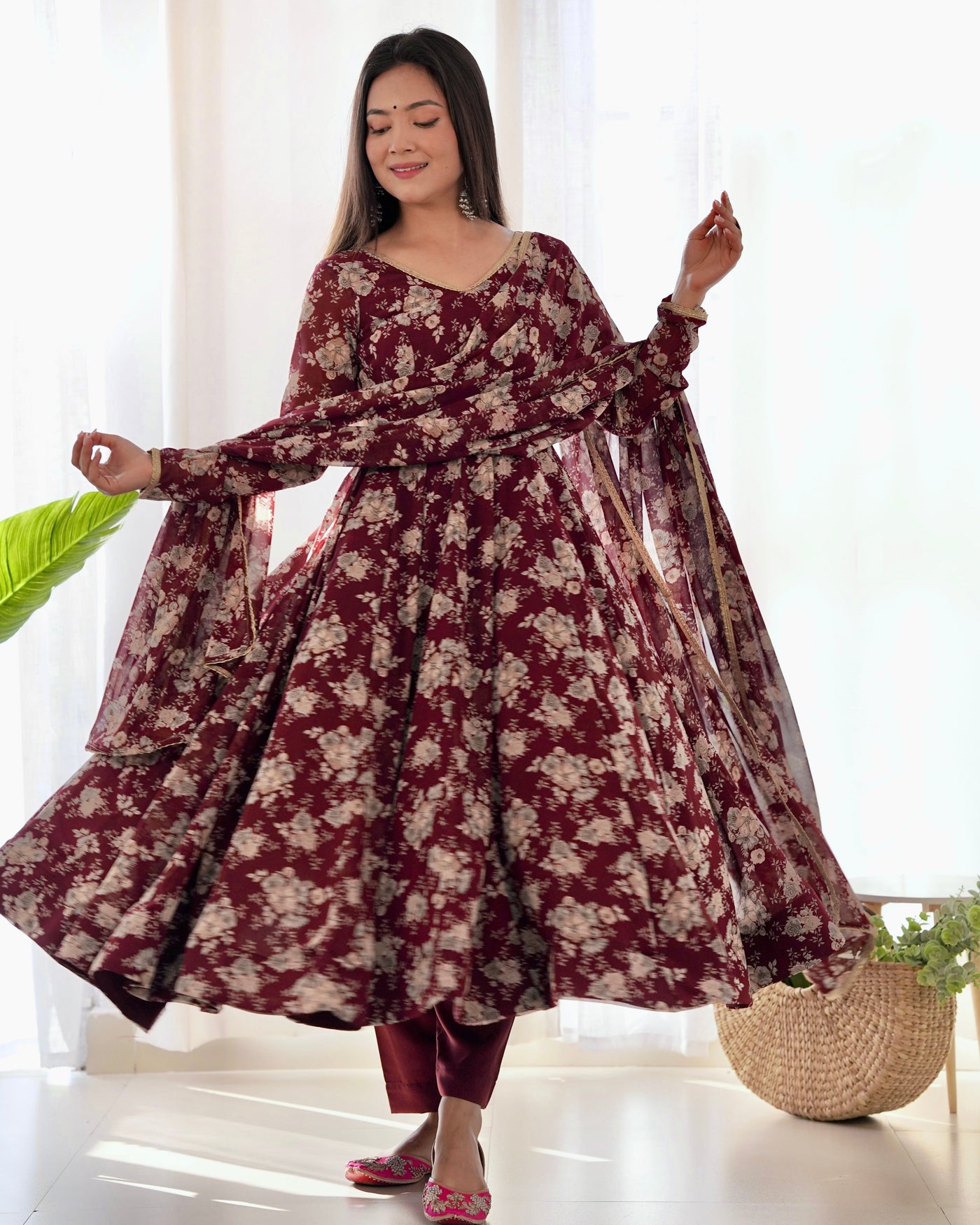 Maroon Floral Print Anarkali with Dupatta & Pant Set - Elegant Georgette Collection