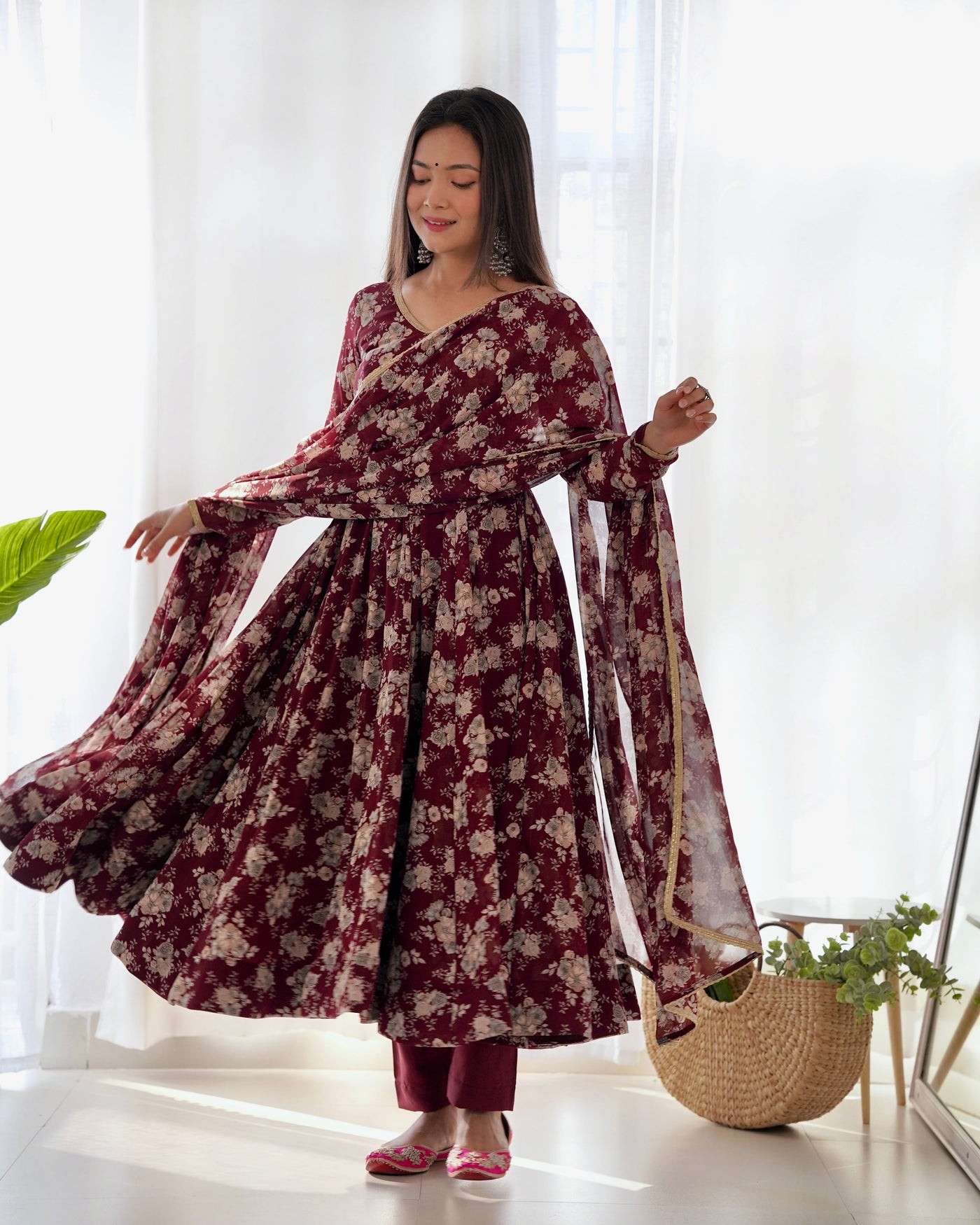 Maroon Floral Print Anarkali with Dupatta & Pant Set - Elegant Georgette Collection