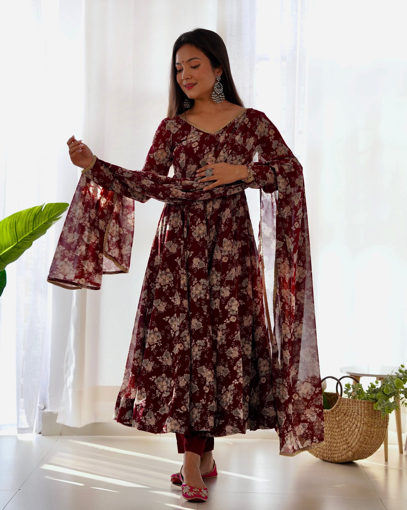 Maroon Floral Print Anarkali with Dupatta & Pant Set - Elegant Georgette Collection