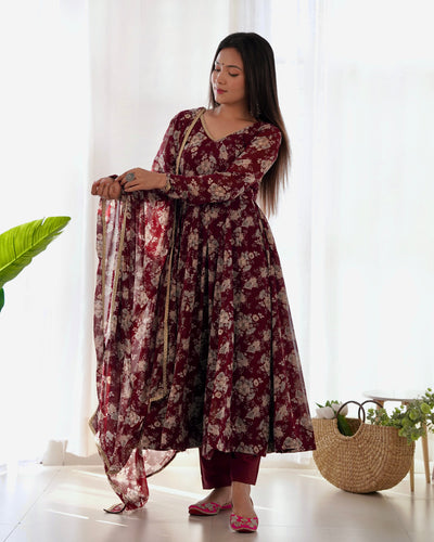 Maroon Floral Print Anarkali with Dupatta & Pant Set - Elegant Georgette Collection