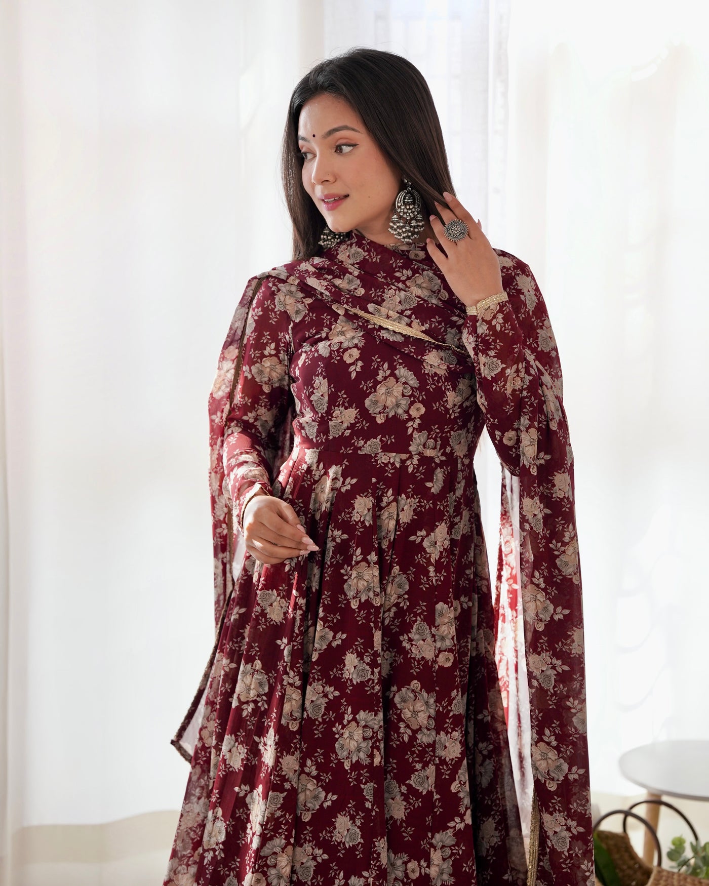 Maroon Floral Print Anarkali with Dupatta & Pant Set - Elegant Georgette Collection